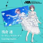  1girl asakura_toru blue_background blue_eyes commentary_request dress earrings gradient_hair hair_ornament hairclip highres idolmaster idolmaster_shiny_colors jewelry multicolored_hair official_art sandals shoes short_hair smile solo standing white_dress white_shoes 
