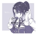  commentary_request glass gloves holding_hand kantai_collection long_hair monochrome nachi_(kantai_collection) one_eye_closed side_ponytail solo_focus translated tsukinami_kousuke uniform 