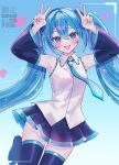  1girl :3 :d absurdres armpits arms_up black_boots black_sleeves blue_eyes blue_hair blue_necktie blue_trim blush boots commentary_request cowboy_shot detached_sleeves dot_nose double_v gradient_background hair_between_eyes hatsune_miku heart highres leg_up long_hair looking_at_viewer necktie open_mouth pixel_heart sakanoi_noa shirt sleeveless sleeveless_shirt smile solo sparkle thigh_boots twintails v very_long_hair vocaloid white_shirt wide_sleeves wing_collar zettai_ryouiki 