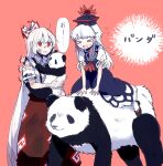  >_< 2girls animal blue_dress bow dirty dirty_clothes dirty_face dress fujiwara_no_mokou hair_bow hat holding holding_animal itomugi-kun kamishirasawa_keine long_hair looking_at_another multiple_girls multiple_hair_bows panda pants red_background red_eyes red_pants riding riding_animal shirt sweat torn_clothes torn_sleeves touhou white_shirt 