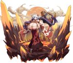  1girl aianchor bare_shoulders blonde_hair blue_eyes breasts brown_hakama cleavage cow_girl cow_horns cow_tail detached_sleeves flower_hairband gigantic_breasts gold_hairband gradient_hair hairband hakama hammer holding holding_hammer horns jacket japanese_clothes monster_musume_td multicolored_hair multicolored_sleeves official_alternate_costume official_art okobo over_shoulder platform_sandals red_hakama red_sleeves rope sandals side_slit silva_(monmusu_td) sleeveless sleeveless_jacket solo tail two-tone_hakama two-tone_tail weapon weapon_over_shoulder white_background white_hair white_jacket white_sleeves white_tail wide_sleeves yellow_sleeves yellow_tail 
