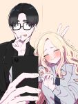  1boy 1girl :p absurdres black-framed_eyewear black_hair black_jacket black_shirt blonde_hair blush bunny_ears_prank cellphone collared_shirt commentary_request gakuen_idolmaster glasses grey_shirt hand_on_another's_chin hetero highres holding holding_phone idolmaster jacket juo_sena kasasagi_(futagodori888) long_hair phone producer_(idolmaster) rectangular_eyewear shirt short_hair smartphone stroking_another's_chin tearing_up tongue tongue_out v 