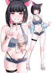  1girl absurdres animal_ears bare_shoulders belt bikini black_belt black_choker black_hair blue_archive blue_bikini blue_jacket blue_sandals blue_shorts blush breasts cat_ears choker collarbone colored_inner_hair commentary_request denim denim_bikini deras double_v earclip fingernails food food_in_mouth grin hair_ornament hairclip halo highres holding holding_ice_cream_cone ice_cream_cone index_finger_raised jacket kazusa_(blue_archive) looking_at_viewer medium_hair mixed-language_commentary multicolored_hair nail_polish navel o-ring o-ring_choker pink_eyes pink_hair pink_halo pink_lips pink_nails popsicle popsicle_in_mouth sandals shorts simple_background smile solo_focus stomach streaked_hair swimsuit thigh_belt thigh_strap thighs toes two-tone_hair v white_background 