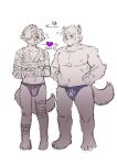  2boys animal_ears bandage_over_one_eye bandaged_arm bandaged_chest bandages bara belly biceps blue_fundoshi closed_mouth commentary dog_boy dog_ears dog_tail fundoshi furry furry_male hands_on_own_hips heart highres japanese_clothes looking_at_another male_focus moritaka_(housamo) multiple_boys navel nipples open_mouth partially_colored pectorals plump s3zwrtdyqaewnci smile tail tokyo_afterschool_summoners toned toned_male topless_male translation_request untranslatable_commentary white_background yoshito_(housamo) 