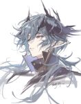  1boy absurdres arknights black_wings chinese_commentary commentary cropped_shoulders earrings from_side gold_earrings grey_hair hair_between_eyes half-closed_eyes head_wings high_collar highres horns jewelry logos_(arknights) logos_(npc)_(arknights) long_hair looking_up male_focus messy_hair mole mole_under_eye parted_lips pointy_ears red_eyes simple_background solo white_background wings xuan_xuan_xuan_za 