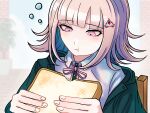  1girl black_jacket black_shirt blush bread chair collared_shirt commentary_request danganronpa_(series) danganronpa_2:_goodbye_despair dress_shirt eating flipped_hair food hair_ornament highres jacket kanki.no.taruto medium_hair nanami_chiaki neck_ribbon off_shoulder pink_ribbon ribbon shirt simple_background solo white_background white_shirt 
