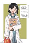  1girl black_hair blue_hoodie border borrego_tan brown_eyes character_name clipboard commentary drawstring english_commentary english_text flying_sweatdrops green_background happy_meal highres hood hoodie jewelry lab_coat lapels looking_at_viewer mcdonald's necklace nervous_sweating open_mouth original outside_border solo speech_bubble sweat sweatdrop talking white_border 