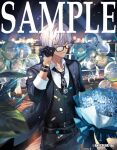  1boy balloon black-framed_eyewear black_jacket black_necktie black_pants black_vest blue_eyes bouquet collared_shirt commentary_request company_name copyright_notice dark-skinned_male dark_skin en_(enxxx) glasses ibrahim_(6th_costume)_(nijisanji) ibrahim_(nijisanji) jacket male_focus necktie nijisanji official_alternate_costume official_alternate_hairstyle official_art open_clothes open_jacket pants plant sample_watermark shirt solo vest virtual_youtuber watermark white_hair white_shirt 