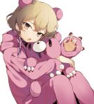  1boy animal_ears bear_ears blonde_hair commentary fake_animal_ears gloomy_bear highres hood hood_down hoodie itazuraguma_no_gloomy limbus_company looking_at_viewer male_focus pink_hoodie project_moon short_hair simple_background sinclair_(project_moon) stuffed_animal stuffed_toy teddy_bear umirukode white_background yellow_eyes 