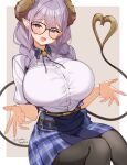  1girl absurdres bell belt black_pantyhose blue_sky blush border braid breasts brown_background brown_horns brown_tail choco_tanuki collared_shirt contrast_collar demon_girl demon_horns demon_tail glasses heart heart_tail highres horns huge_breasts long_hair looking_at_viewer low_twin_braids mole mole_under_mouth nanashi_inc. neck_bell open_hands pantyhose plaid_clothes plaid_skirt pleated_skirt pointy_ears purple_eyes purple_hair saionji_mary saionji_mary_(11th_costume) shirt short_sleeves skirt sky smile solo suspender_skirt suspenders tail twin_braids twitter_username virtual_youtuber white_border 