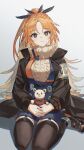  1girl absurdres arknights black_jacket black_thighhighs blue_skirt bow brown_hair brown_pupils chinese_commentary chromatic_aberration closed_mouth commentary_request english_commentary film_grain grey_background highres holding holding_stuffed_toy jacket joker_(jjjokerrr233) long_hair long_sleeves looking_at_viewer mixed-language_commentary mole mole_under_eye open_clothes open_jacket own_hands_together partial_commentary pinecone_(arknights) simple_background sitting skirt smile solo split_mouth stuffed_animal stuffed_toy suspender_skirt suspenders sweater teddy_bear thighhighs turtleneck turtleneck_sweater wariza yellow_sweater 