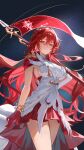  1girl absurdres bracelet breasts closed_mouth commentary_request epaulettes flag gloves hair_between_eyes highres himeko_(honkai:_star_rail) himeko_(nova)_(honkai:_star_rail) holding holding_flag honkai:_star_rail honkai_(series) jewelry long_hair looking_at_viewer medium_breasts official_alternate_costume potao red_gloves red_hair red_skirt skirt smile solo standing thighs yellow_eyes 