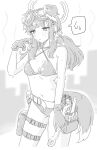  1girl :o animal_ears belt belt_buckle bikini blue_archive blurry blush breasts buckle collarbone commentary_request criss-cross_halter depth_of_field dog_ears dog_girl dog_tail gloves goggles goggles_on_head greyscale halo halterneck hariyaa hibiki_(blue_archive) highres holding holding_wrench hot long_hair loose_belt low_twintails medium_breasts monochrome navel parted_lips pouch side-tie_bikini_bottom solo spoken_sweatdrop string_bikini sweat sweatdrop swimsuit tail thigh_belt thigh_pouch thigh_strap tool_belt triangle_bikini_top twintails wrench 