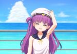  1girl ^_^ arm_up armpits bare_shoulders blue_sailor_collar blue_sky bow chest_bow closed_eyes cloud commentary_request crying cumulonimbus_cloud day dress facing_viewer hand_on_headwear happy happy_tears hat highres katou_umi long_hair mikmik123 ocean open_mouth outdoors pink_hair railing sailor_collar sailor_dress sailor_hat sky sleeveless sleeveless_dress smile solo streaming_tears summer_pockets tears two_side_up upper_body very_long_hair white_dress white_hat yellow_bow 