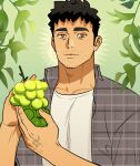  1boy bara black_hair collarbone food fruit grapes holding holding_food holding_fruit kalium_(jojajoja99999) leaf light_smile looking_at_viewer male_focus muscular muscular_male original solo sparse_stubble thick_eyebrows upper_body veins veiny_hands 