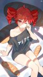 1girl absurdres ahoge alternate_costume baguette black_shirt bread character_name chinese_commentary clothes_writing collarbone commentary_request double-parted_bangs drill_hair food hair_between_eyes highres indoors k2s kasane_teto on_bed one_eye_closed open_mouth red_eyes red_hair rubbing_eyes shirt short_sleeves signature single_bare_shoulder single_off_shoulder sitting solo t-shirt twin_drills utau 