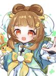  1girl :d absurdres animal_ears blunt_bangs bow bowtie brown_eyes brown_hair commentary_request dress genshin_impact gradient_sleeves green_dress hair_bow hair_ornament hairclip highres long_sleeves looking_at_viewer nekot0_sabu open_mouth puffy_sleeves ribbon short_hair sidelocks simple_background sleeves_past_wrists smile stuffed_animal stuffed_rabbit stuffed_toy upper_body white_background yaoyao_(genshin_impact) yaoyao_(rainlit_bamboo_reverie)_(genshin_impact) yellow_bow yuegui_(genshin_impact) 