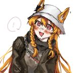  ! +_+ 1girl :d animal_ear_fluff animal_ears arknights black_jacket blonde_hair blush braid ceobe_(arknights) ceobe_(unfettered)_(arknights) chain commentary drooling ears_through_headwear hair_between_eyes hat highres jacket long_hair looking_to_the_side negihama oekaki official_alternate_costume open_mouth red_eyes side_braids simple_background smile solo spoken_exclamation_mark twin_braids upper_body white_background white_hat 
