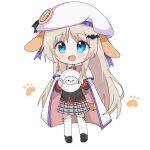  1girl :d animal_ears bat_hair_ornament beret black_jacket black_shoes blue_eyes blush cape chibi chibi_only commentary dog_ears dog_girl dog_tail droopy_ears fang frisbee full_body grey_hair grey_skirt hair_ornament hat holding jacket kemonomimi_mode little_busters! little_busters!_school_uniform long_hair long_sleeves looking_at_viewer luki1192759520 miniskirt noumi_kudryavka open_mouth paw_print plaid_clothes plaid_skirt pleated_skirt school_uniform shoes sidelocks simple_background skirt smile solo standing tail tareme thighhighs very_long_hair white_background white_cape white_hat white_thighhighs zettai_ryouiki 