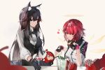  2girls absurdres alcohol ambience_synesthesia animal_ear_fluff animal_ears arknights black_bow black_bowtie black_gloves black_hair black_vest bow bowtie butler character_doll chinese_commentary chromatic_aberration cigarette collared_shirt commentary_request detached_wings doll drink english_commentary exusiai_(apple)_(arknights) exusiai_(arknights) fingerless_gloves gloves grey_background hair_between_eyes hair_over_one_eye halo heart highres holding long_hair long_sleeves looking_at_another mixed-language_commentary multiple_girls one_eye_covered orange_eyes parted_lips purple_eyes red_hair shirt short_hair simple_background texas_(ambience_synesthesia_2025)_(arknights) texas_(arknights) traditional_bowtie traditional_halo vest waistcoat white_shirt wings wolf_ears wolf_girl ztianyoshino 