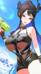  1girl absurdres alternate_costume asymmetrical_horns bare_shoulders black_hair black_horns black_shorts blue_hair braid breasts colored_inner_hair commentary demon_horns english_commentary flower highres holding holding_water_gun hololive hololive_english horn_flower horns large_breasts long_hair mole mole_under_eye multicolored_hair nerissa_ravencroft nerissa_ravencroft_(holonatsu_paradise) o-ring open_mouth outdoors purple_eyes short_shorts shorts sky solo split-color_hair thekaiyip two-tone_hair underboob uneven_horns very_long_hair virtual_youtuber water_gun 