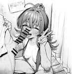  1boy 1girl absurdres ahoge bar_censor breasts censored commentary_request fellatio female_pubic_hair greyscale hetero highres idolmaster idolmaster_shiny_colors komiya_kaho licking licking_penis medium_breasts monochrome nipple_slip nipples one_eye_closed oral penis pubic_hair ramanda slingshot_swimsuit swimsuit testicles v 