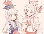  2girls ascot blue_dress blue_hair blush breasts cleavage dress eating food food_on_face fruit fujiwara_no_mokou full_mouth handkerchief hat holding holding_food holding_fruit holding_handkerchief itomugi-kun kamishirasawa_keine long_hair multiple_girls pants puffy_short_sleeves puffy_sleeves red_ascot red_eyes short_sleeves smile suspender_pants suspenders touhou watermelon white_hair 