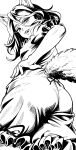 1girl absurdres animal_ear_fluff animal_ears ass blush commentary_request fox_ears fox_girl fox_tail from_behind from_below greyscale hair_between_eyes highres kudamaki_tsukasa looking_at_viewer monochrome neck_ribbon open_mouth ribbon romper short_sleeves sleeve_ribbon smile solo tail touhou vn35214 