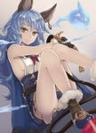  animal_ears blue_hair breasts brown_eyes cape dutch_angle earrings erune ferry_(granblue_fantasy) fur_trim gloves gradient gradient_background granblue_fantasy jewelry long_hair looking_at_viewer medium_breasts parted_lips riffey sideboob sitting skirt sleeveless solo whip 