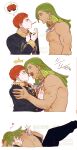  2boys absurdres commentary_request dark-skinned_male dark_skin earrings facial_mark food food_in_mouth green_hair hand_on_another's_chest highres inukura jacket jewelry multiple_boys necklace nipples open_mouth original pants pectorals pocky pocky_in_mouth pocky_kiss red_hair shared_food shirt simple_background speech_bubble surprised thought_bubble topless_male white_background white_shirt yaoi 