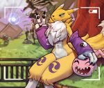 2026 anthro armwear bandai_namco black_claws black_sclera blue_eyes claws clothing digimon digimon_(species) finger_claws fur fur_tuft generation_1_pokemon gesture group hand_gesture hand_on_head harrison1500 hi_res human mammal mostly_nude nintendo pokemon pokemon_(species) purple_armwear purple_clothing renamon size_difference squirtle tail thick_thighs tuft v_sign white_body white_ears white_fingers white_fur white_tail wide_hips yellow_body yellow_ears yellow_fur yellow_tail
