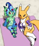 2019 anthro arm_support armwear bandai_namco black_claws black_finger_claws black_sclera blue_eyes breasts bridal_gauntlets butt camel_toe canid canine claws clothed clothing digimon digimon_(species) digitigrade duo feet female finger_claws fingers fur green_body green_breasts green_skin hi_res humanoid looking_at_viewer lying mammal navel nipple_outline on_side one-piece_swimsuit ranamon red_eyes renamon skimpy sling_bikini smile suntan swimwear tan_line tansau toes white_body white_breasts white_fur