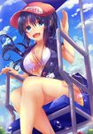  baseball_cap bikini bikini_under_clothes black_hair blue_eyes cloud day hat highres jacket lifeguard lifeguard_chair long_hair name_tag open_mouth original side-tie_bikini sitting sky smile solo swimsuit swimsuit_under_clothes waruwarutsu whistle 