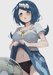  1girl :o black_panties blue_eyes blue_hair blue_skirt blush breasts bright_pupils clothes_lift collarbone commentary_request electric_fan grey_background hair_ornament lana's_mother_(pokemon) lifting_own_clothes long_hair looking_down mature_female mecha_neruko navel open_mouth panties pokemon pokemon_(anime) pokemon_the_series:_sun_&amp;_moon shirt short_sleeves simple_background skirt skirt_lift solo sweat underwear white_pupils 