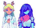  2girls alternate_hair_color antlers aqua_skin armor artist_request bang_dream! bang_dream!_it's_mygo!!!!! black_ribbon blonde_hair blue_eyes blue_hair cape colored_skin commentary cosplay deer_antlers deer_girl deltarune english_commentary hair_ribbon hands_on_own_chest horns kris_(deltarune) kris_(deltarune)_(cosplay) long_hair multiple_girls nagasaki_soyo noelle_holiday noelle_holiday_(cosplay) pink_cape pink_eyes ribbon robe second-party_source togawa_sakiko utdr_(toby_fox) white_robe 