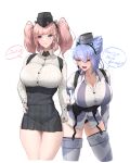  2girls absurdres atlanta_(kancolle) black_gloves black_skirt blue_hair blush breasts brown_hair earrings english_text garrison_cap garter_straps gloves grey_eyes grey_shirt grey_thighhighs hair_ornament half_gloves hat highres jewelry kantai_collection large_breasts long_hair long_sleeves looking_at_viewer multicolored_thighhighs multiple_girls number_earrings pointy_hair reno_(kancolle) shirt shushan siblings sisters skirt smile star_on_cheek suspenders thighhighs two-tone_shirt two-tone_thighhighs two_side_up white_shirt 