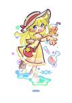 1girl ahoge bag bare_arms bare_legs blonde_hair blue_eyes blunt_bangs blunt_ends blush_stickers bow brown_capelet capelet commentary_request company_name cup dress drink drinking_glass drinking_straw flask floral_print floral_print_dress flower flower_symbol full_body gradient_clothes gradient_dress hat hat_bow hat_ribbon highres holding holding_drink long_hair looking_at_viewer official_art open_mouth orange_dress outstretched_hand pinky_out print_dress puyopuyo puyopuyo_quest ribbon round-bottom_flask sandals shoulder_bag smile solo standing star-shaped_pupils star_(symbol) sun_hat sun_symbol symbol-shaped_pupils test_tube walking white_background witch_(puyopuyo) witch_(summer_collector)_(puyopuyo) yellow_dress yellow_flower 