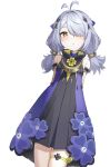  1girl absurdres antenna_hair armpit_crease bare_shoulders black_dress blue_dress commentary_request dracaene_sunbringer dress grey_hair hair_over_one_eye highres looking_at_viewer parted_lips rooby_n simple_background solo thigh_strap two-tone_dress white_background zenless_zone_zero 