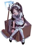  1girl absurdres apron aris_(blue_archive) aris_(maid)_(blue_archive) black_hair black_shoes blue_archive blue_eyes blue_halo blush broom english_commentary frilled_apron frilled_skirt frills hair_intakes halo highres icedsolero_(pixiv44011048) leggings long_hair looking_at_viewer looking_up maid maid_apron maid_headdress making-of_available open_mouth ponytail shoes short_sleeves sitting skirt smile solo white_background white_leggings 
