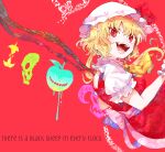  1girl apple ascot back_bow belt blonde_hair bow collared_shirt crescent dress english_text fangs flandre_scarlet food from_side fruit hair_between_eyes hand_up hat hat_ribbon highres itomugi-kun looking_at_viewer mob_cap one_side_up open_mouth pink_belt pink_bow puffy_short_sleeves puffy_sleeves red_background red_dress red_eyes red_ribbon ribbon shirt short_hair short_sleeves simple_background skull smile solo teeth tongue touhou white_hat white_shirt wings wrist_cuffs yellow_ascot 