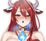  1girl animal_ears bilingual_commentary blue_fire blue_hair blush breasts close-up commentary commentary_request cow_ears cow_horns cropped elizabeth_rose_bloodflame english_commentary fake_animal_ears fire handplug hololive hololive_english horns implied_nudity large_breasts long_hair mixed-language_commentary multicolored_hair paid_reward_available red_eyes red_hair two-tone_hair upper_body virtual_youtuber 