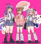  3girls absurdres airani_iofifteen animal_ears area_15 ayunda_risu bag bandaid bandaid_on_leg bird black_shoes black_socks brown_hair cardigan cellphone closed_mouth collared_shirt commentary drink drinking_straw drinking_straw_in_mouth english_commentary full_body green_eyes heart heart_sticker highres holding holding_phone hololive hololive_indonesia icedsolero_(pixiv44011048) indonesian_high_school_uniform long_hair looking_at_viewer looking_to_the_side loose_socks miniskirt moona_hoshinova multiple_girls necktie open_mouth penguin phone pink_background pink_cardigan pink_eyes pink_hair pink_scrunchie pleated_skirt purple_eyes purple_hair school_uniform scrunchie shirt shoes short_hair short_sleeves skirt smartphone smile socks squirrel_ears squirrel_girl squirrel_tail standing star_(symbol) star_sticker sticker sunglasses tail teeth virtual_youtuber white_shirt white_socks 