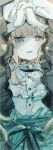  1girl bib_collar blonde_hair blue_eyes commentary_request cross cross_earrings dress earrings frilled_dress frilled_sleeves frills gloves highres hikami_meruru interlocked_fingers jewelry long_hair long_sleeves looking_at_viewer mahou_shoujo_no_majo_saiban own_hands_clasped own_hands_together priestess solo straight-on tearing_up togoya_hanken upper_body veil white_dress white_gloves white_veil wide_sleeves 