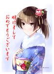 alternate_costume brown_eyes brown_hair flower furisode hair_flower hair_ornament japanese_clothes kaga_(kantai_collection) kantai_collection kimono looking_at_viewer mikage_takashi side_ponytail smile solo translated twitter_username upper_body 