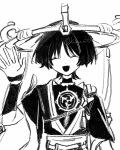  1boy arm_at_side armor black_mouth blunt_ends closed_eyes commentary_request facing_viewer false_smile furisode genshin_impact greyscale hand_up hat highres japanese_armor japanese_clothes jewelry jingasa kimono kote kxuni6 layered_sleeves male_focus mandarin_collar mitsudomoe_(shape) monochrome neck_ring o-ring open_hand open_mouth portrait rope sash scaramouche_(genshin_impact) shimenawa short_sleeves single_sode smile solo tassel tomoe_(symbol) twitter_username veil white_background wispy_bangs 