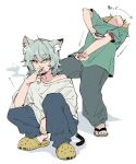  2girls animal_ears bbr_brbr behind_another bending_backward blonde_hair blue_pants cat_ears cat_girl cat_tail cigarette commentary_request crocs drugs flip-flops green_shirt grey_hair hand_to_own_mouth head_back highres holding holding_cigarette holding_syringe injection looking_at_viewer medium_hair multiple_girls off_shoulder orange_eyes outstretched_arm pants sandals shirt simple_background smoke smoking squatting standing syringe t-shirt tail tourniquet translation_request white_background white_shirt yaku_neko_(yani_neko) yani_neko yani_neko_(yani_neko) 