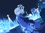  1girl animal_ears blue_archive blue_halo blue_theme blurry blush bokeh breasts building camouflage cape christmas_lights christmas_tree city cityscape closed_mouth coat cool_colors cowboy_shot depth_of_field double-parted_bangs dutch_angle fingerless_gloves flask from_behind fur-trimmed_coat fur_hat fur_trim game_asset gloves gradient_eyes gradient_halo green_hair grey_coat grey_gloves hair_between_eyes hair_ornament hairclip halo hat highres hip_flask holding holding_flask long_sleeves looking_at_viewer looking_back military_uniform mimitoke multicolored_eyes multicolored_halo night non-web_source official_art outdoors peaked_cap purple_eyes purple_halo ring_of_light_(blue_archive) shigure_(blue_archive) short_hair small_breasts smile solo tail two-sided_gloves ushanka weasel_ears weasel_girl weasel_tail white_gloves white_hair winter 