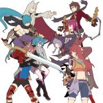  6+girls 7th_dragon 7th_dragon_(series) alchemist_(sekaiju) alchemist_2_(sekaiju) animal_ear_fluff bike_shorts black_boots black_scarf blue_eyes blue_hair blue_shorts boots breasts brown_thighhighs cape cloak closed_mouth commentary_request crossover crown curse_maker curse_maker_2 dark_hunter_(sekaiju) dark_hunter_4 drill_hair fighter_(7th_dragon) fur-trimmed_jacket fur_trim glasses grey_shirt harukara_(7th_dragon) holding holding_nunchaku holding_sword holding_weapon hood hooded_cloak ikurakun_(7th_dragon) jacket long_sleeves looking_at_another mage_(7th_dragon) melk_(7th_dragon) momomeno_(7th_dragon) multiple_girls nunchaku open_mouth outstretched_arm pink_hair ponytail princess_(7th_dragon) puffy_long_sleeves puffy_sleeves purple_hair red_cape red_hair red_jacket rogue_(7th_dragon) scarf sekaiju_no_meikyuu sekaiju_no_meikyuu_1 shirt shorts simple_background smile standing sword swordsman_(sekaiju_4) swordsman_2_(sekaiju_4) thighhighs toritori twin_drills weapon white_background 