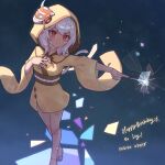  1girl android cassia_(artist) cytus cytus_ii dark_skin fireworks hand_on_own_chest happy_birthday highres holding holding_fireworks hood hood_up ivy ivy_(cytus) japanese_clothes kimono mask mask_on_head obi red_eyes sandals sash skin_seams smile solo sparkler white_hair white_sandals yellow_kimono 
