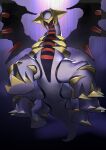  absurdres commentary_request giratina highres looking_at_viewer no_humans pokemon pokemon_(creature) pokemon_focus purple_background red_eyes solo sukehachi wings 